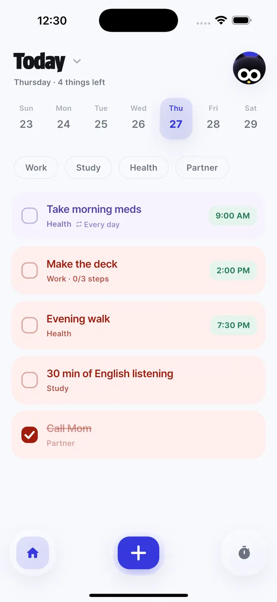 Today’s list on the home screen