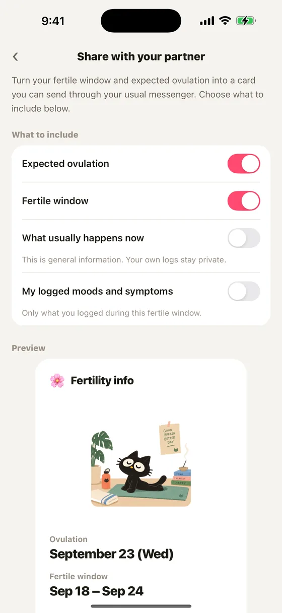 The partner sharing screen with toggles and a preview of the card